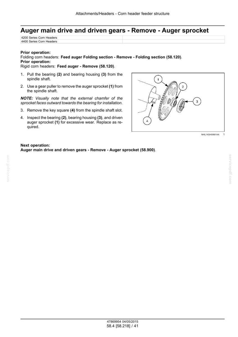 May include: Diagram of an auger main drive and driven gears assembly, with numbered components for removal and inspection. Text includes instructions for removing the auger sprocket and related parts. The image is a technical illustration.