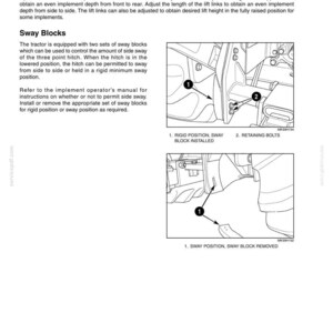 May include: A technical manual page titled 6-FIELD OPERATION, detailing tractor hitch adjustments. It includes text instructions and two black-and-white diagrams showing sway blocks in rigid and sway positions, labeled with numbered callouts.
