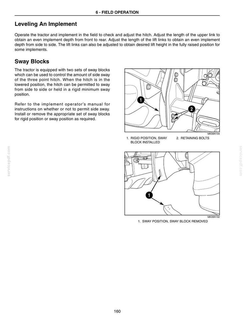May include: A technical manual page titled 6-FIELD OPERATION, detailing tractor hitch adjustments. It includes text instructions and two black-and-white diagrams showing sway blocks in rigid and sway positions, labeled with numbered callouts.
