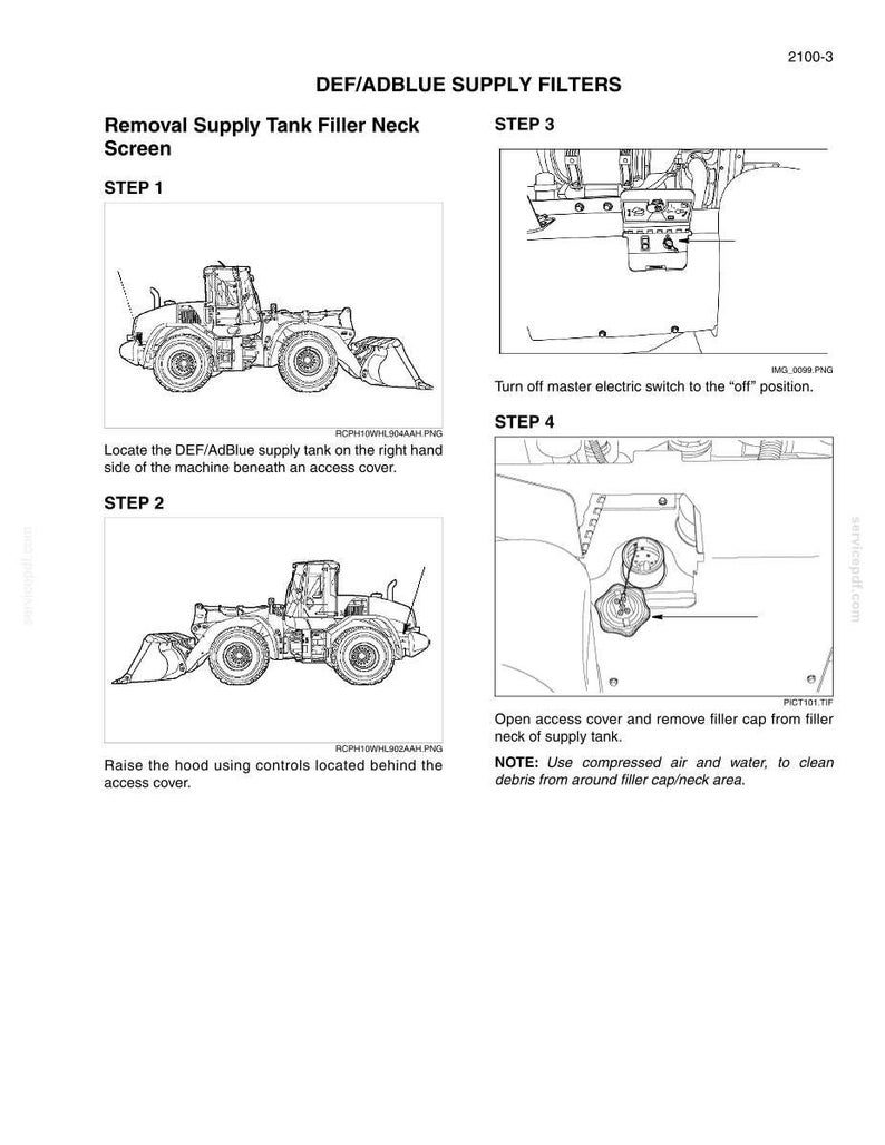 Peut inclure: Une page de manuel technique intitul&eacute;e DEF/ADBLUE SUPPLY FILTERS illustrant quatre &eacute;tapes pour retirer le tamis du goulot de remplissage du r&eacute;servoir. Le document contient des dessins au trait d'un engin de chantier et d'un bouchon.