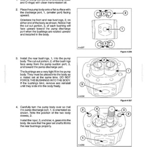 May include: Diagrams from a manual detailing the reassembly of a pump. The images show various pump components, including bushings, ports, and gears, with labels and arrows indicating assembly steps. Text instructions accompany the illustrations.