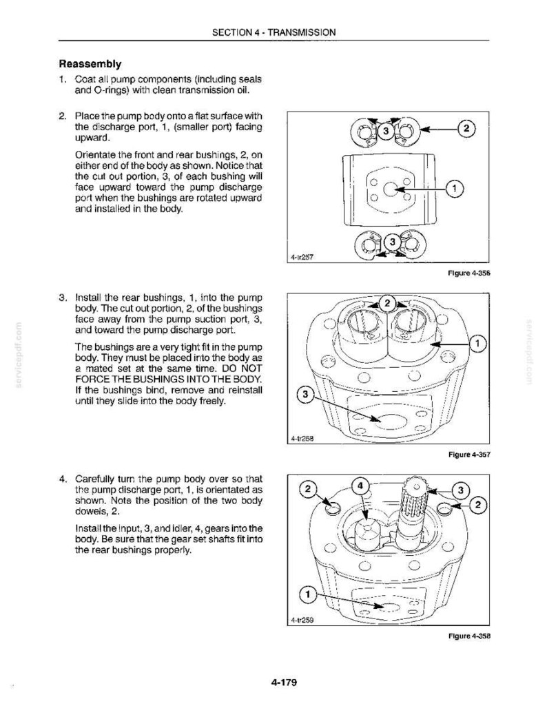 May include: Diagrams from a manual detailing the reassembly of a pump. The images show various pump components, including bushings, ports, and gears, with labels and arrows indicating assembly steps. Text instructions accompany the illustrations.