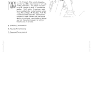 May include: Diagram of a vehicle's controls and instruments, including a transmission downshift button and an F-N-R switch. Text explains the function of each control, with labels for forward, neutral, and reverse.