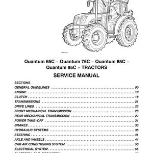 May include: Black and white line drawing of a Case IH tractor. The image is a service manual for Quantum 65C, 75C, 85C, and 95C tractors. The manual's table of contents includes sections on the engine, brakes, and electrical systems.