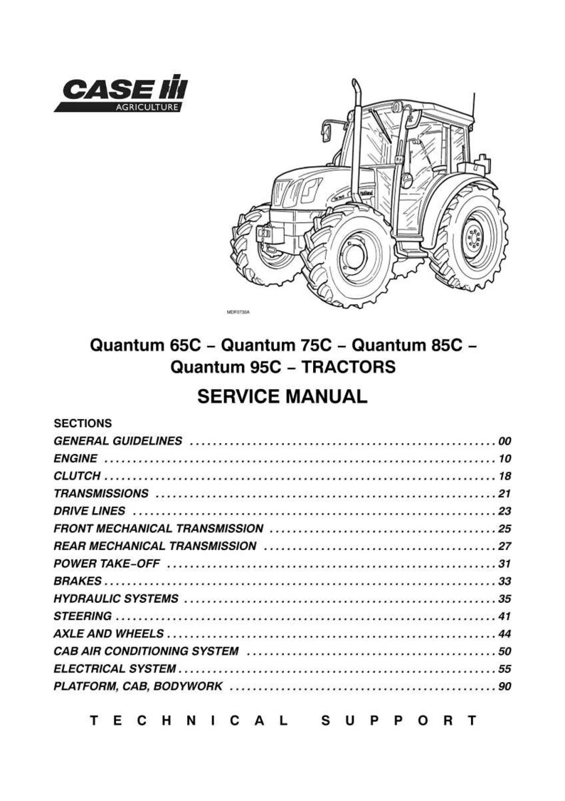 May include: Black and white line drawing of a Case IH tractor. The image is a service manual for Quantum 65C, 75C, 85C, and 95C tractors. The manual's table of contents includes sections on the engine, brakes, and electrical systems.