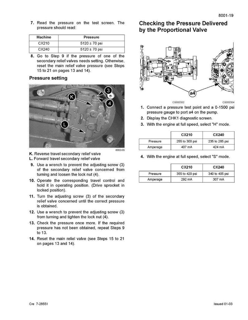 May include: Technical diagram with pressure readings for CX210 and CX240 machines. Includes pressure setting instructions, diagrams of valve components, and tables with pressure and amperage values in psi and mA.