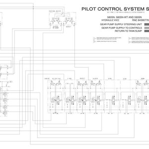 May include: A detailed schematic diagram of a pilot control system, featuring interconnected components and labeled sections. The diagram includes text indicating the system's model numbers, hydraulic details, and component functions. The layout is complex, with numerous lines and symbols.