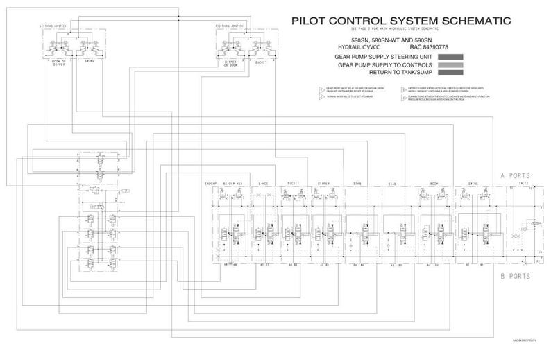 May include: A detailed schematic diagram of a pilot control system, featuring interconnected components and labeled sections. The diagram includes text indicating the system's model numbers, hydraulic details, and component functions. The layout is complex, with numerous lines and symbols.