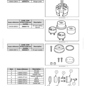 May include: Diagram of crankshaft special tools, including a slinger puller, oil seal setting tool kit, and oil seal installer. The image also includes a parts list with items like oil seals, adapters, and bolts.