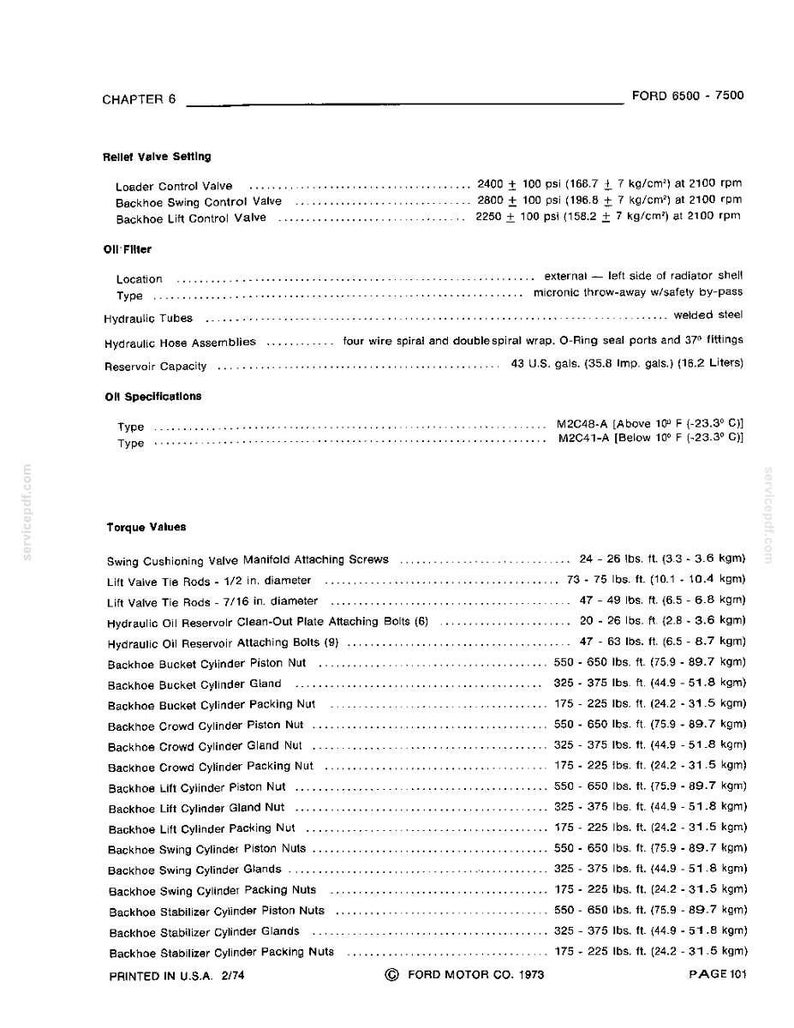 May include: A printed page from a Ford 6500-7500 manual, dated 1973, with specifications for relief valve settings, oil filters, hydraulic components, and torque values. Includes measurements in psi, lbs. ft., and gallons.