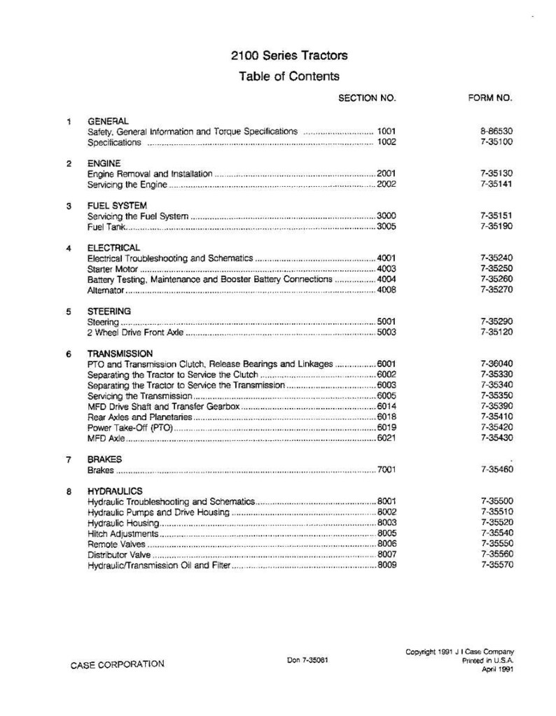 May include: A printed table of contents for 2100 Series Tractors, detailing sections like Engine, Fuel System, Electrical, Steering, Transmission, Brakes, and Hydraulics. The document is from the J I Case Company, printed in April 1991.