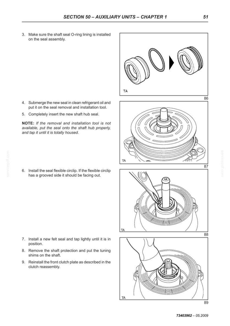 May include: Diagrams from a manual detailing the assembly of auxiliary units. The images show various components, including seals, O-rings, and a clutch plate, with step-by-step instructions. Text includes section and chapter titles, and numbered steps.