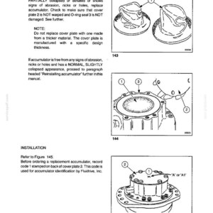 May include: Diagrams from a manual showing the hydrostatic system of a TX60 Combine. Illustrations include accumulator components, labeled with numbers, and installation instructions. Text includes warnings and specifications.