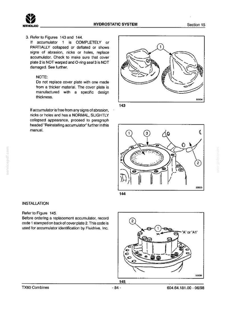 May include: Diagrams from a manual showing the hydrostatic system of a TX60 Combine. Illustrations include accumulator components, labeled with numbers, and installation instructions. Text includes warnings and specifications.