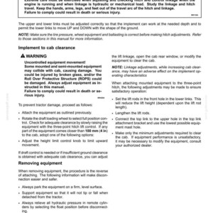 May include: A technical manual page titled 6-WORKING OPERATIONS containing instructions for hitch system adjustment, implement to cab clearance, and removing equipment, including safety warnings about entanglement and equipment movement.