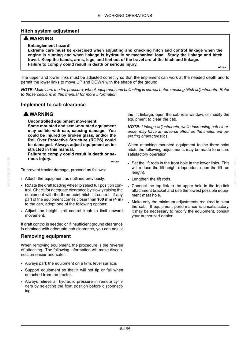 May include: A technical manual page titled 6-WORKING OPERATIONS containing instructions for hitch system adjustment, implement to cab clearance, and removing equipment, including safety warnings about entanglement and equipment movement.