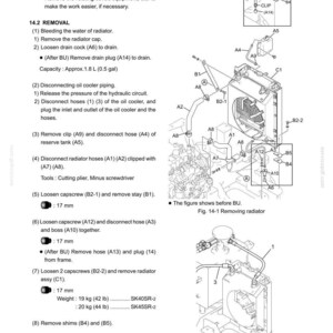 May include: Diagram of a radiator removal process, with detailed instructions and illustrations. Includes steps for disconnecting hoses, removing capscrews, and draining fluids. Measurements are provided in inches and pounds.
