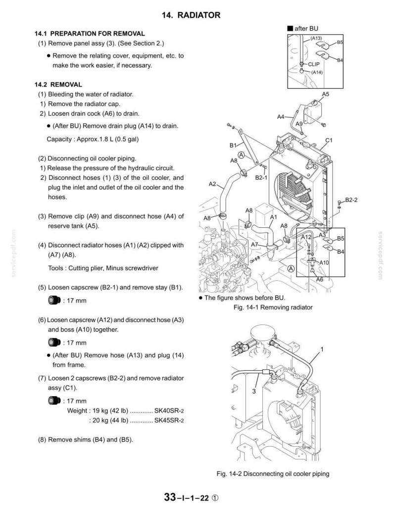 May include: Diagram of a radiator removal process, with detailed instructions and illustrations. Includes steps for disconnecting hoses, removing capscrews, and draining fluids. Measurements are provided in inches and pounds.