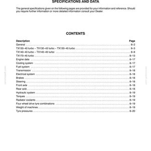 May include: A white page with the title "SECTION 8 SPECIFICATIONS AND DATA" and a table of contents. The contents include descriptions such as "General", "Engine data", and "Transmission".