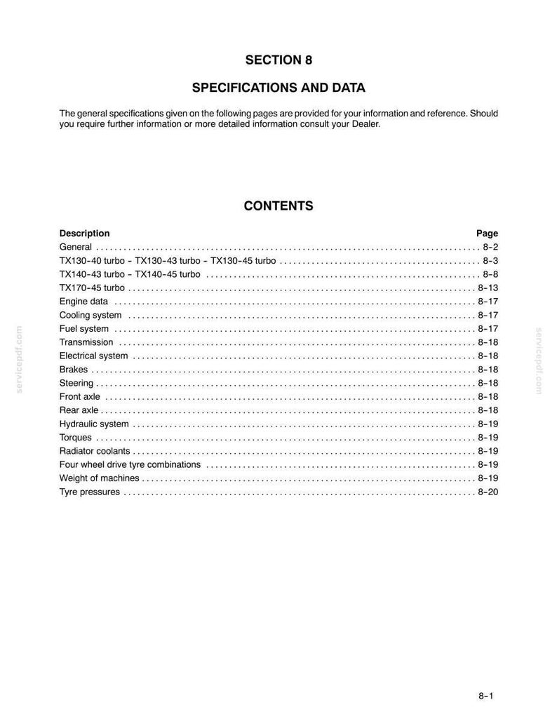 May include: A white page with the title "SECTION 8 SPECIFICATIONS AND DATA" and a table of contents. The contents include descriptions such as "General", "Engine data", and "Transmission".