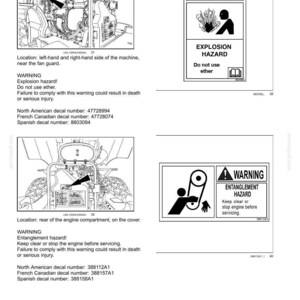 May include: Safety information page with diagrams and warnings. Includes diagrams of machinery with arrows pointing to specific areas. Warning labels indicate explosion and entanglement hazards. Text warns against using ether and to keep clear.