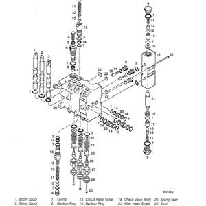 Peut inclure: Un sch&eacute;ma &eacute;clat&eacute; de composants hydrauliques, comprenant des bobines, des vannes et des ressorts. L'image est &eacute;tiquet&eacute;e avec des num&eacute;ros de pi&egrave;ces et des noms, tels que "Boom Spool" et "Check Valve Body". Le sch&eacute;ma est imprim&eacute; en noir et blanc.