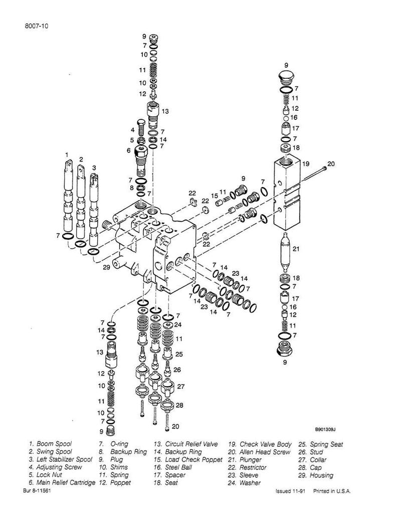 Peut inclure: Un sch&eacute;ma &eacute;clat&eacute; de composants hydrauliques, comprenant des bobines, des vannes et des ressorts. L'image est &eacute;tiquet&eacute;e avec des num&eacute;ros de pi&egrave;ces et des noms, tels que "Boom Spool" et "Check Valve Body". Le sch&eacute;ma est imprim&eacute; en noir et blanc.