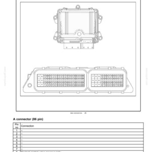 May include: Diagram of an electrical system component, featuring a connector with 86 pins. The image includes a detailed schematic with numbered pin locations and a table listing connection details, useful for automotive repair.
