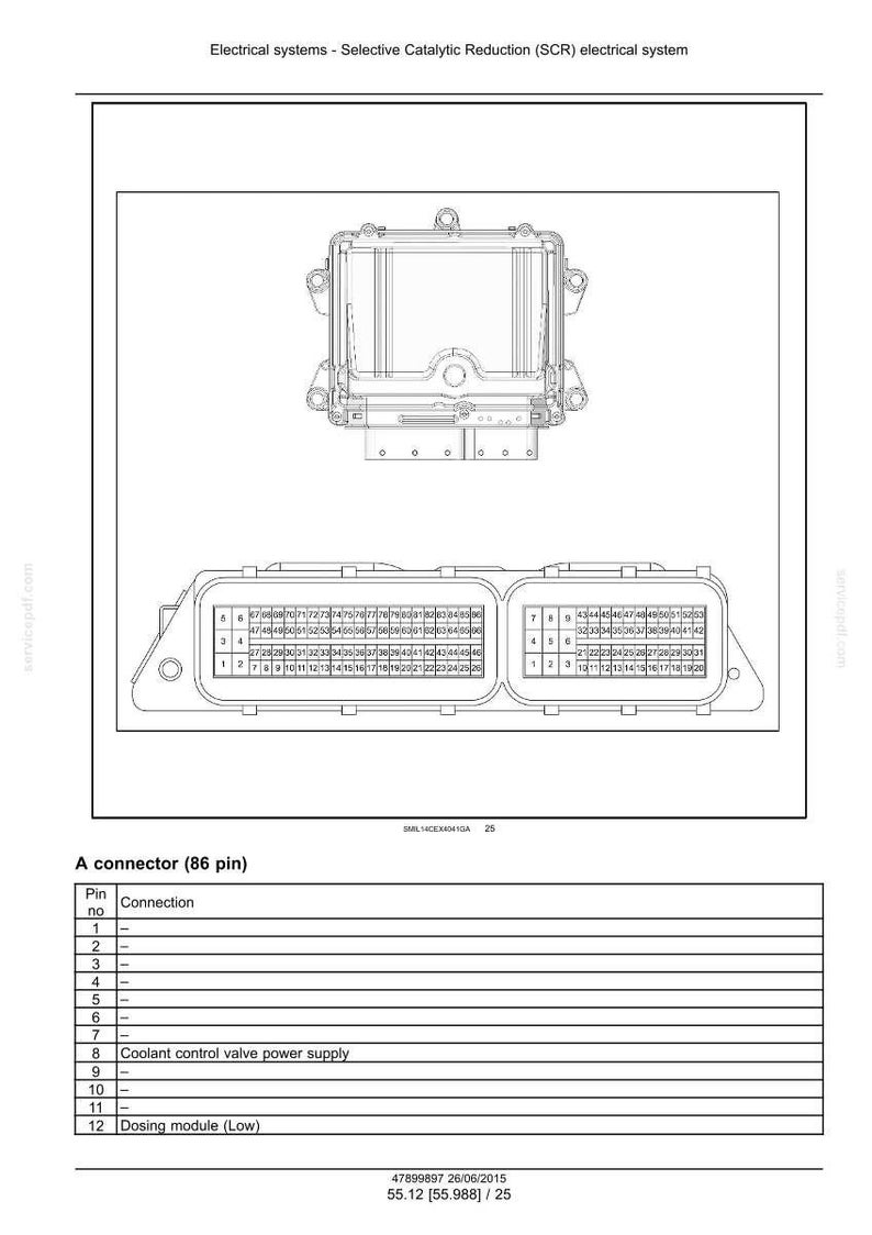 May include: Diagram of an electrical system component, featuring a connector with 86 pins. The image includes a detailed schematic with numbered pin locations and a table listing connection details, useful for automotive repair.