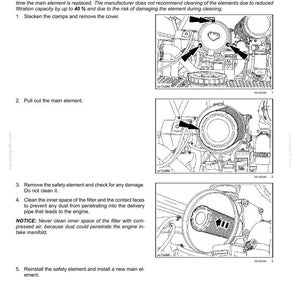 May include: Diagram of an engine air filter maintenance procedure. The image shows steps for removing and replacing the filter elements, including loosening clamps and cleaning the inner space. Text instructions are included.