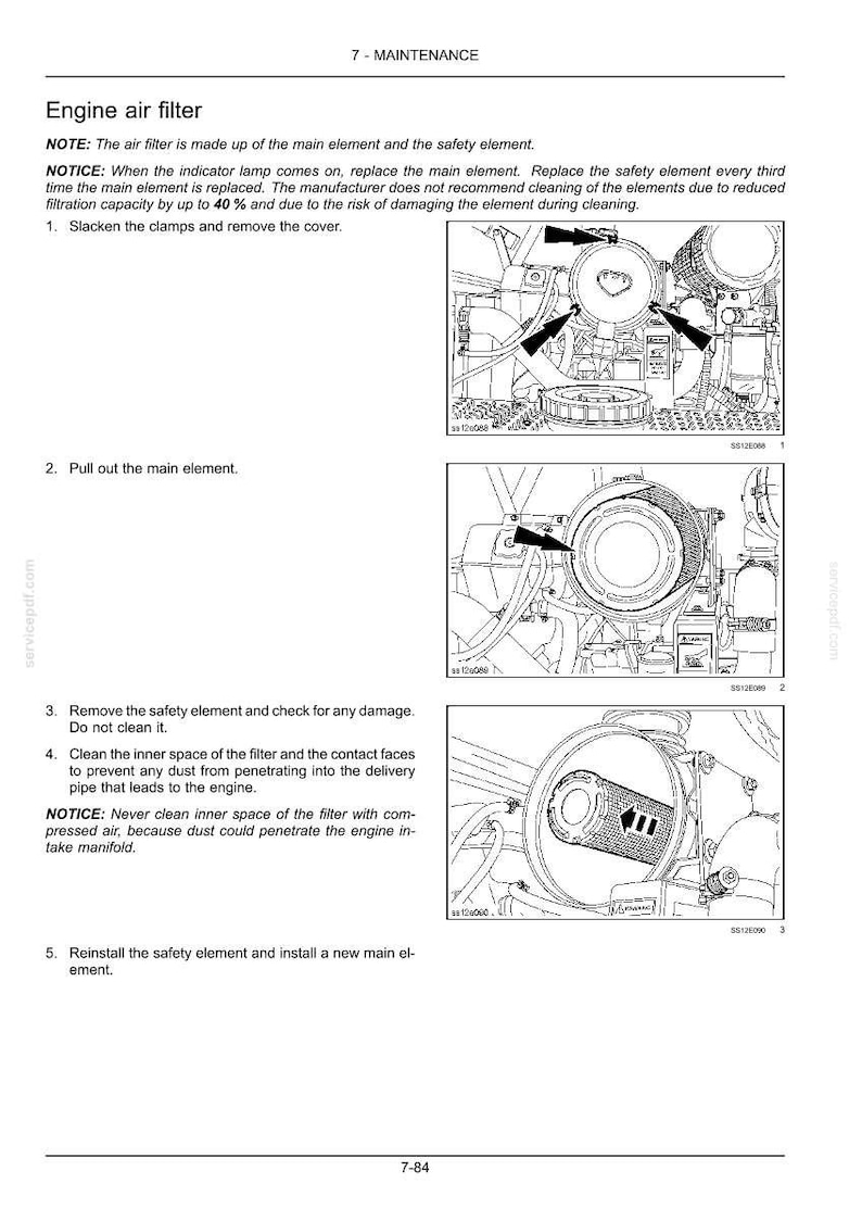 May include: Diagram of an engine air filter maintenance procedure. The image shows steps for removing and replacing the filter elements, including loosening clamps and cleaning the inner space. Text instructions are included.