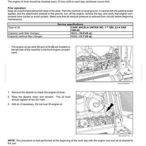 May include: A page from a maintenance manual detailing engine oil specifications and procedures. Includes a table with oil type and capacity, along with diagrams showing the dipstick and oil fill locations. Instructions are provided for checking and adding oil.