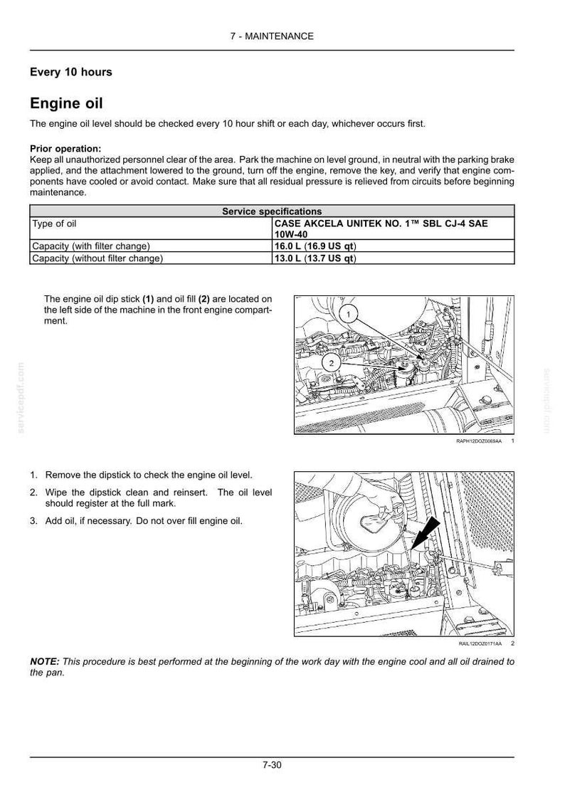 May include: A page from a maintenance manual detailing engine oil specifications and procedures. Includes a table with oil type and capacity, along with diagrams showing the dipstick and oil fill locations. Instructions are provided for checking and adding oil.