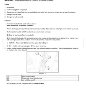 May include: Document titled "4322-Idle validation switch not working" with fault codes and troubleshooting steps. Includes a diagram with numbered components and a table listing brake potentiometer, decelerator pedal potentiometer, and idle validation switch.