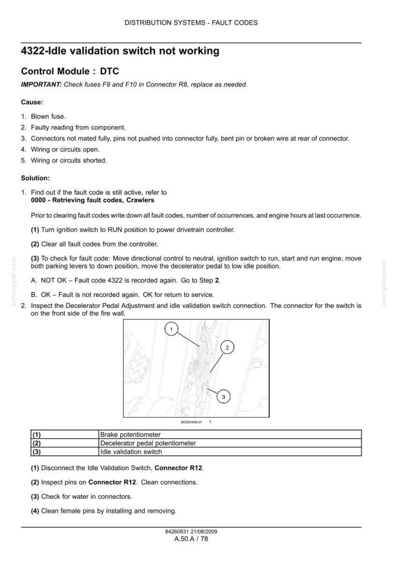 May include: Document titled "4322-Idle validation switch not working" with fault codes and troubleshooting steps. Includes a diagram with numbered components and a table listing brake potentiometer, decelerator pedal potentiometer, and idle validation switch.