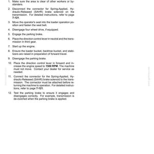 May include: A page from a maintenance manual titled "Parking brake." Instructions include checking the brake, disconnecting connectors, and engaging the brake. The text also mentions engine speed at 1500 RPM.