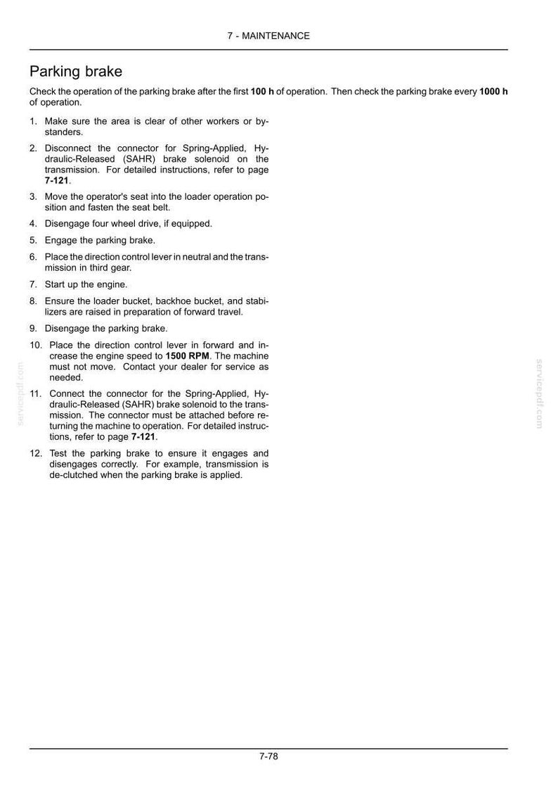 May include: A page from a maintenance manual titled "Parking brake." Instructions include checking the brake, disconnecting connectors, and engaging the brake. The text also mentions engine speed at 1500 RPM.