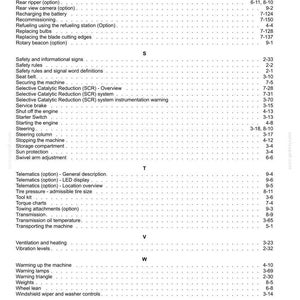 Puede incluir: Una p&aacute;gina de documento blanca con una lista de t&eacute;rminos y n&uacute;meros de p&aacute;gina. El documento incluye t&eacute;rminos como "Radio (opci&oacute;n)", "Safety rules", "Telematics (opci&oacute;n)" y "Weights". El documento es para una m&aacute;quina.