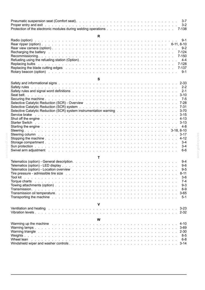 Puede incluir: Una p&aacute;gina de documento blanca con una lista de t&eacute;rminos y n&uacute;meros de p&aacute;gina. El documento incluye t&eacute;rminos como "Radio (opci&oacute;n)", "Safety rules", "Telematics (opci&oacute;n)" y "Weights". El documento es para una m&aacute;quina.