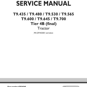 May include: A white service manual cover with the text "SERVICE MANUAL" in large, bold, black letters. Below, model numbers and "Tier 4B (final) Tractor" are listed. The New Holland Agriculture logo is in the bottom right corner.