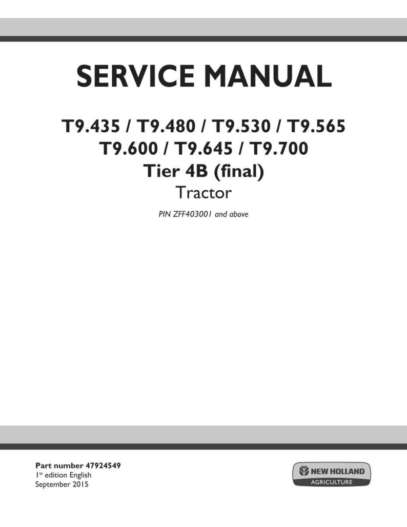 May include: A white service manual cover with the text "SERVICE MANUAL" in large, bold, black letters. Below, model numbers and "Tier 4B (final) Tractor" are listed. The New Holland Agriculture logo is in the bottom right corner.
