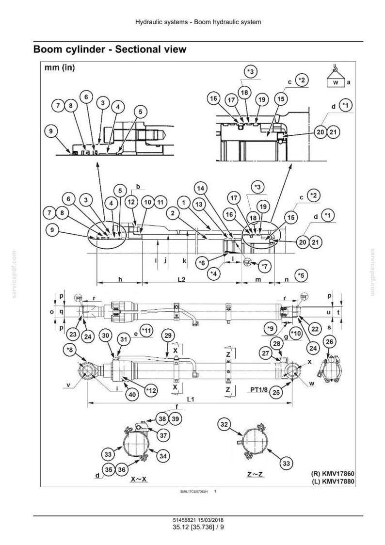 May include: Detailed sectional view diagram of a boom cylinder, labeled with numbers and measurements in inches and millimeters. The diagram includes various components and cross-sections, with labels like "Boom cylinder - Sectional view".