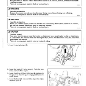 May include: A technical manual page titled 5-WORKING OPERATIONS Backhoe - Dismounting, featuring safety warnings about collision and crushing hazards, followed by numbered instructions and two black and white line drawings of a backhoe tractor.