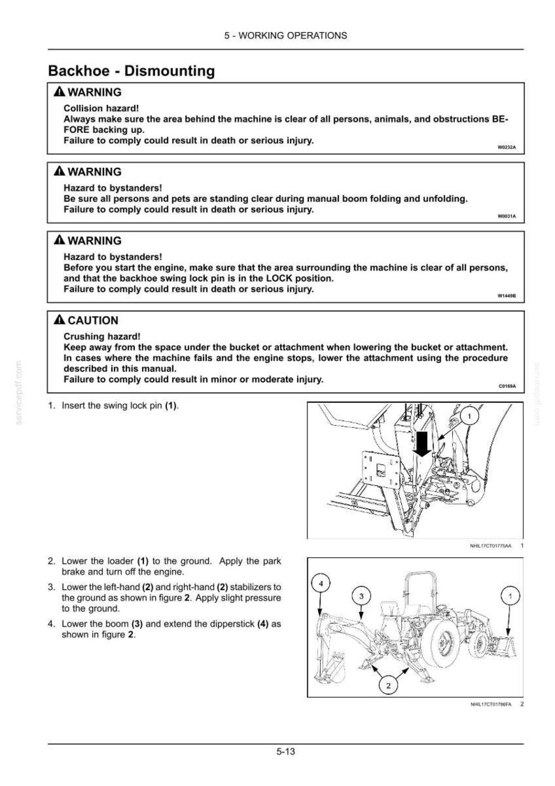 May include: A technical manual page titled 5-WORKING OPERATIONS Backhoe - Dismounting, featuring safety warnings about collision and crushing hazards, followed by numbered instructions and two black and white line drawings of a backhoe tractor.