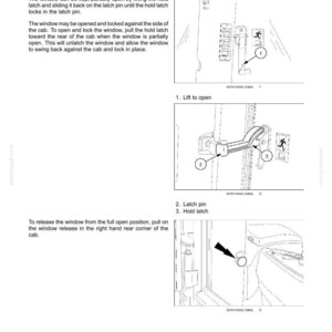 May include: Diagram of a window latch mechanism with labels and instructions. The image shows the latch, pin, and hold latch, with arrows indicating the opening and closing process. Text includes "Windows" and "Window latch."