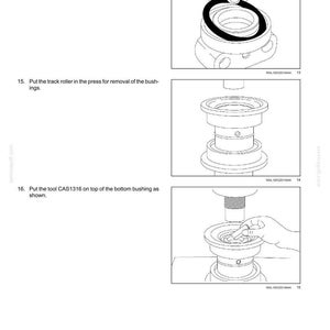 May include: Diagram illustrating steps for track roller maintenance. Includes removing a rubber ring, using a press for bushing removal, and placing tool CAS1316 on the bottom bushing. Text includes instructions and part numbers.