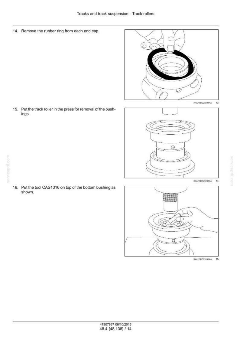 May include: Diagram illustrating steps for track roller maintenance. Includes removing a rubber ring, using a press for bushing removal, and placing tool CAS1316 on the bottom bushing. Text includes instructions and part numbers.
