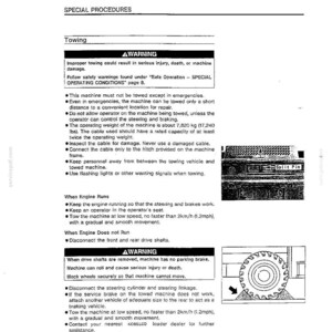 May include: A technical document page titled SPECIAL PROCEDURES for towing, featuring black text on a white background. It includes warning boxes, bulleted safety instructions, and two black-and-white diagrams showing a split pin and a wheel block.