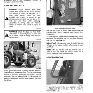 May include: Page from a manual detailing cab door operation and safety instructions for a CASE machine. Includes diagrams of the door handle, door lock, and inside door latch, with warnings about safe entry and exit.