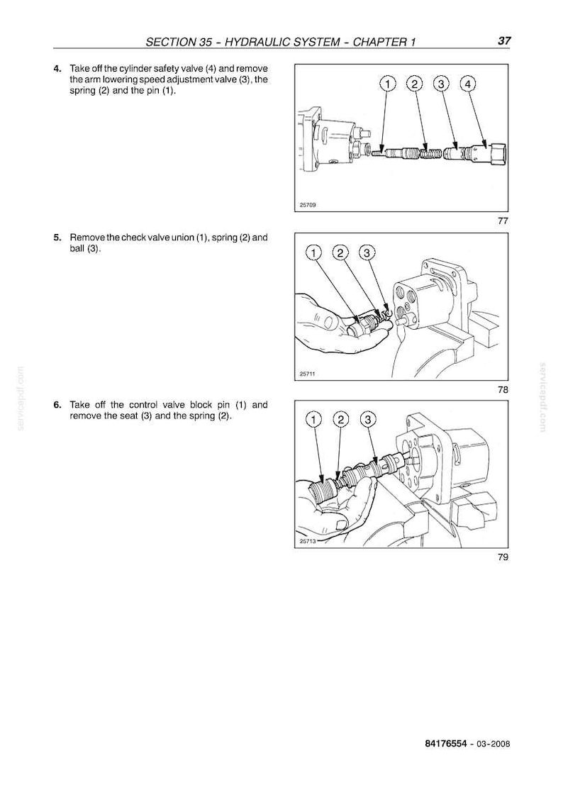 May include: Diagram from a manual showing hydraulic system components. The image includes detailed illustrations of valves, springs, and pins, with numbered labels for each part. Text at the top reads "SECTION 35 - HYDRAULIC SYSTEM - CHAPTER 1".